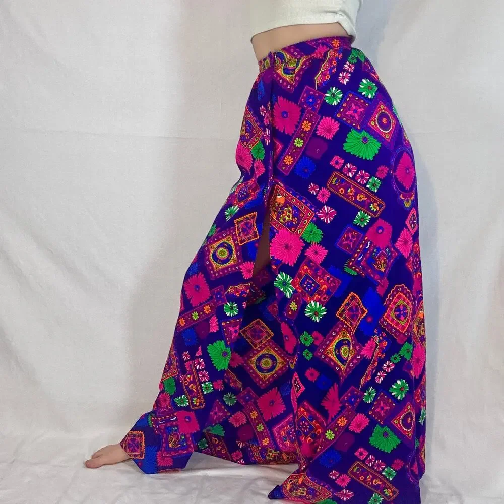 Vintage 1960s Tear Away Skirt Psychedelic Floral Print Purple Pink Green Neon